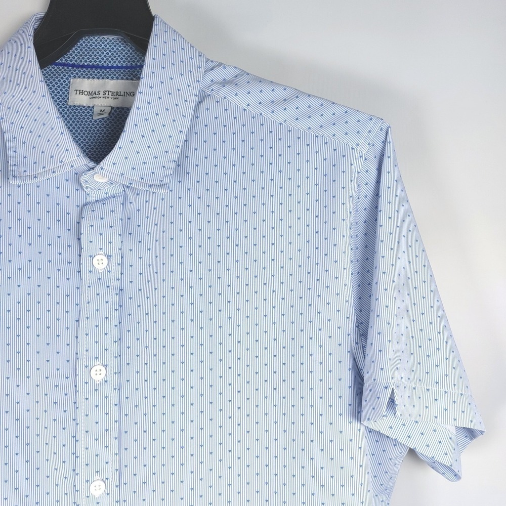 Thomas Sterling Micro‎ Striped Geometric Shirt Mens Med Blue Short Sleeve